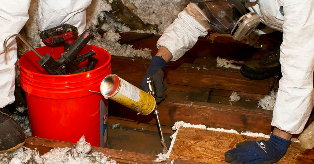 Worker using a tool to air-seal an attic.