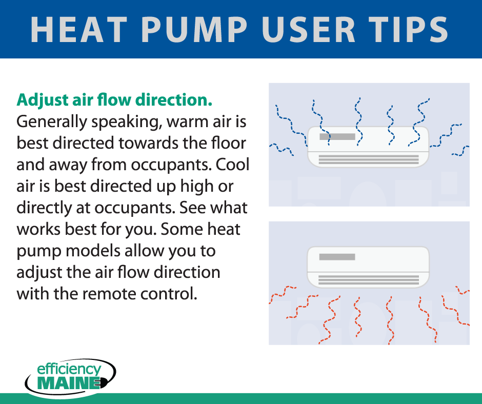 Heat pump user tips - warm air flow is optimal towards the floor. Cool air flow is optimal up high or directly at occupants.