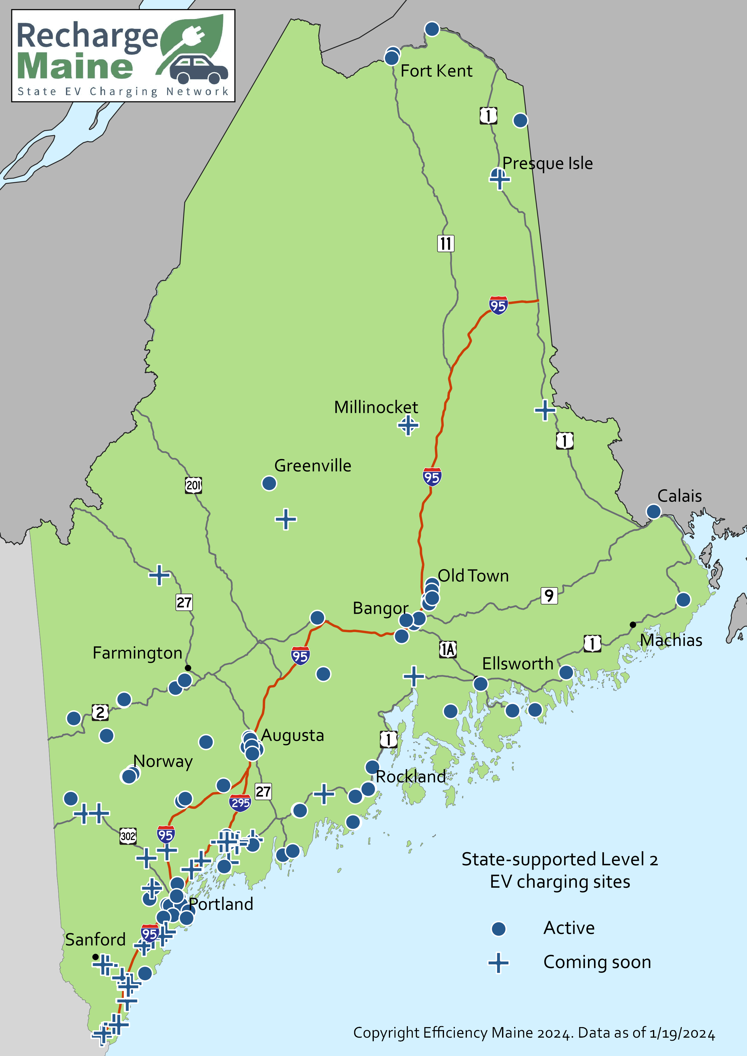 Map of Electric Vehicle Charging Sites that have received funding or plan to receive funding from Efficiency Maine.