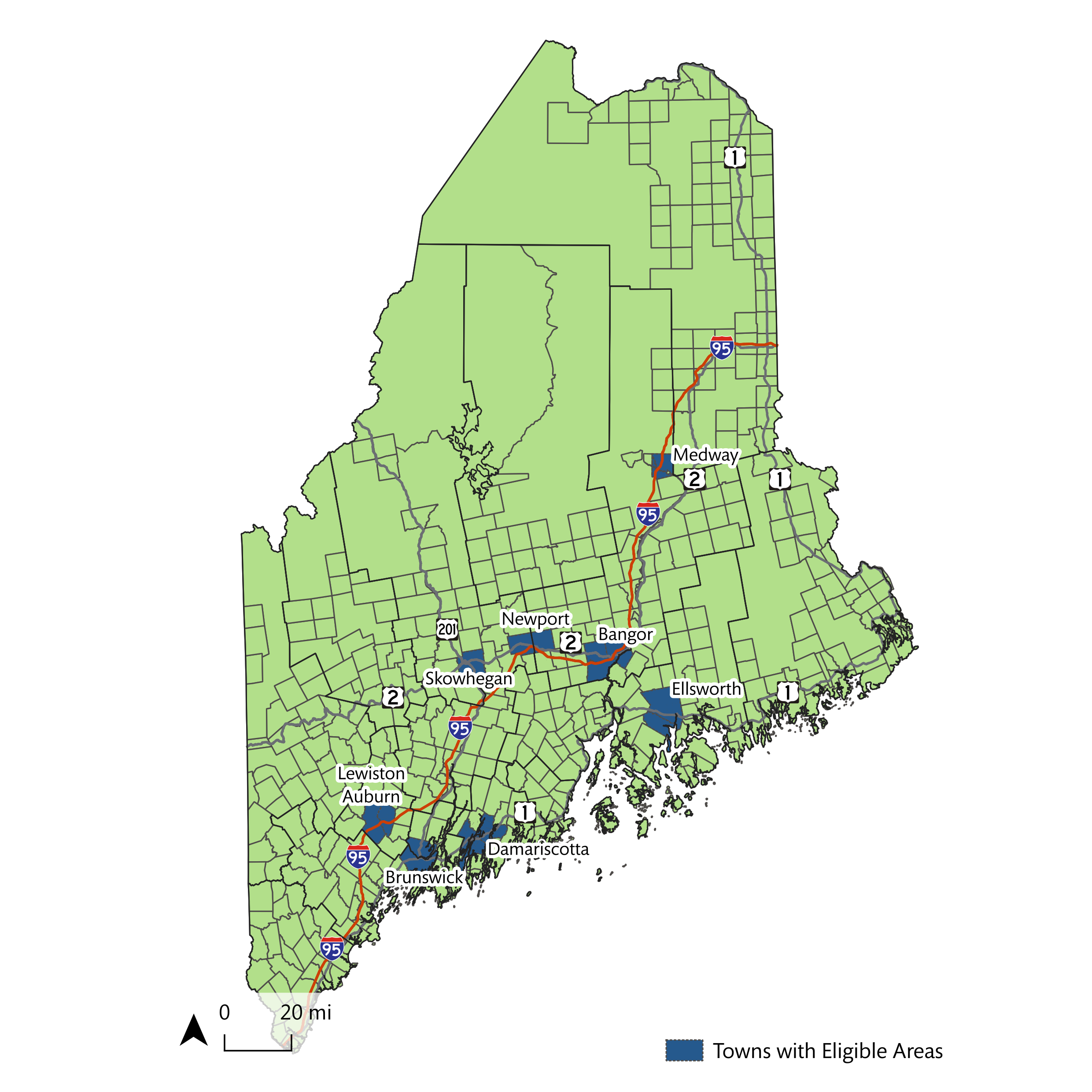 Map of Maine depicting eligible towns for RFP EM-004-2026