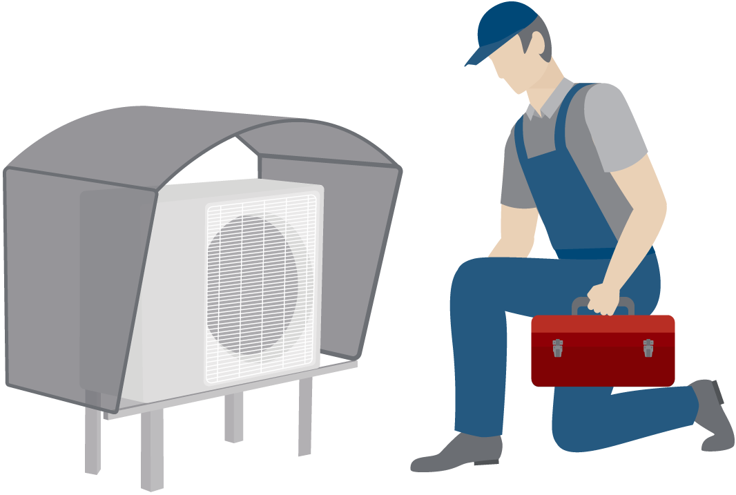 A graphic render of a worker servicing an outdoor fan unit.
