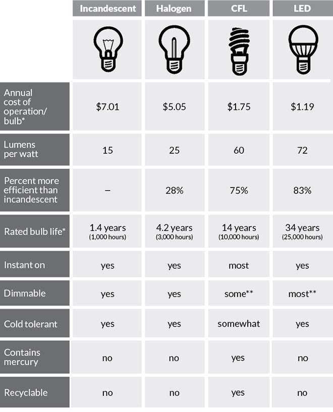 Infographic comparing costs of various types of lightbulbs.