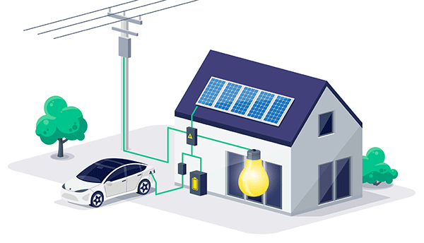 Illustration of home with EV, battery storage, and grid connection
